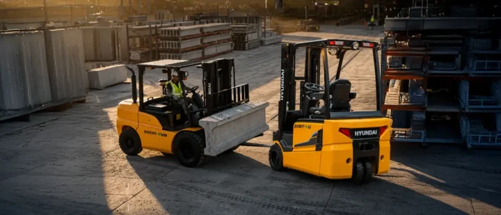 Electric and diesel Hyundai forklifts in a UAE warehouse