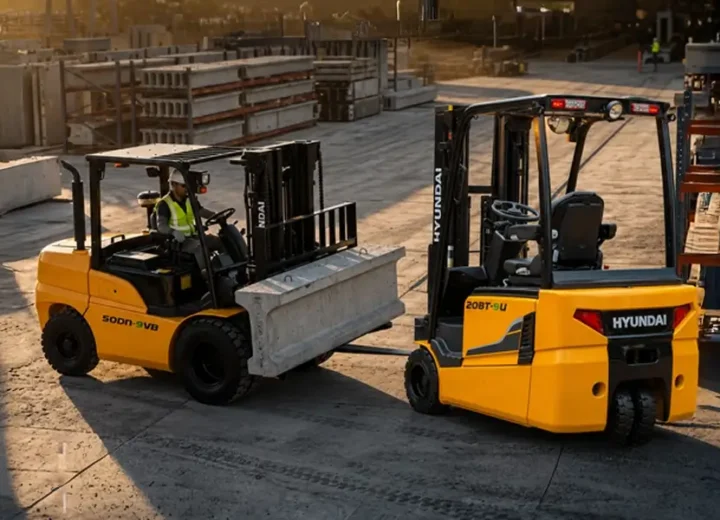 Electric and diesel Hyundai forklifts in a UAE warehouse