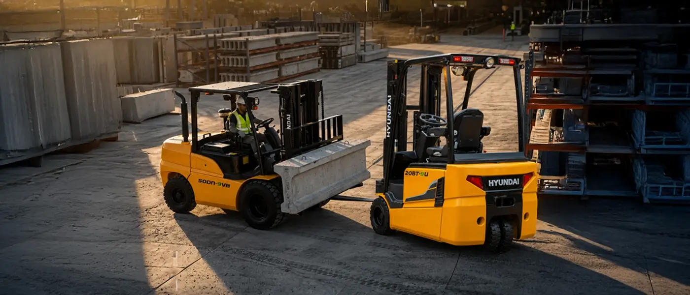 Electric and diesel Hyundai forklifts in a UAE warehouse