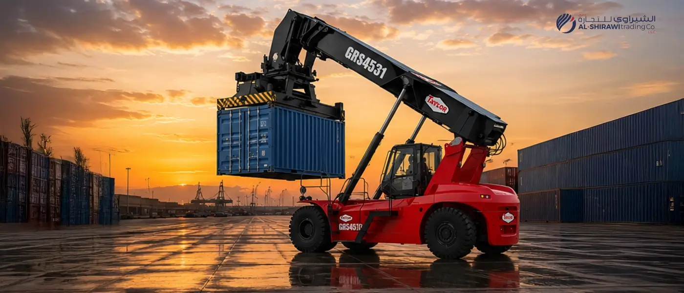 reach stacker handling shipping containers in UAE